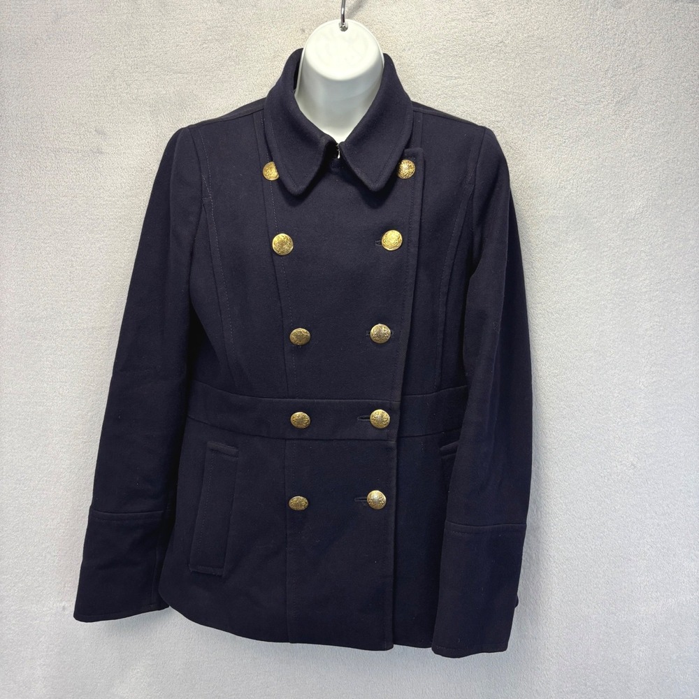 J.Crew Double Breasted Military Pea Coat Womens 6 Blue Wool Gold Button Coat